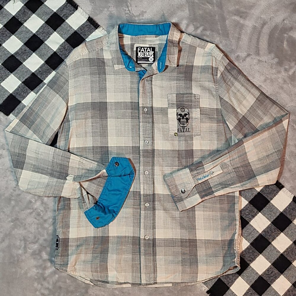 G | Fatal | Plaid Skull Long Sleeved Button Down Shirt
